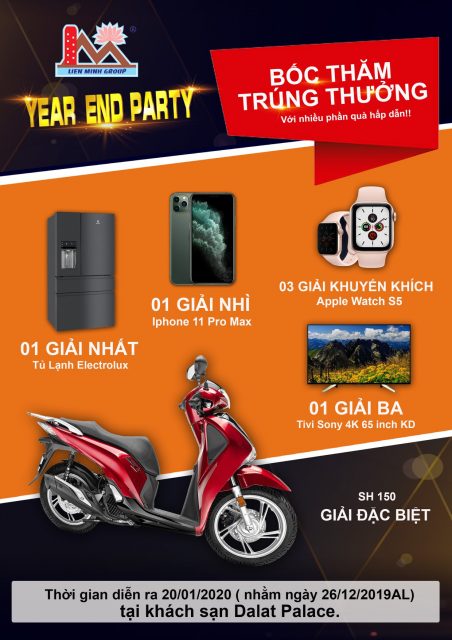 Nhiều phần quà tặng hấp dẫn đang chờ đón quý quan khách trong chương trình rút thăm trúng thưởng đêm dạ tiệc Lien Minh Group “ Year End Party 2019”